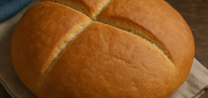 Freshly baked round loaf of Greek village bread