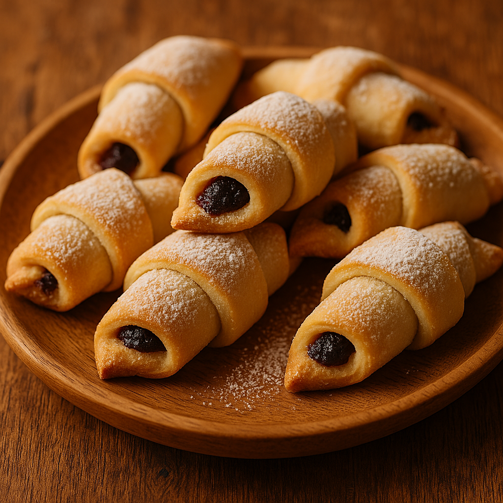 Crescent cookies with jam filling dusted with powdered sugar on a wooden plate
