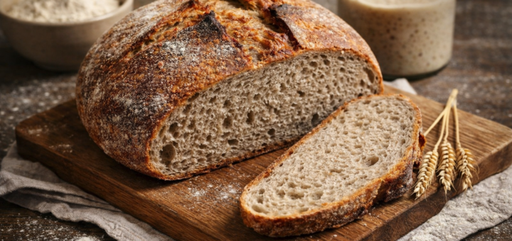 Freshly baked grey sourdough bread loaf sliced on a wooden board, showing an airy crumb, with flour and a jar of sourdough starter in the background.